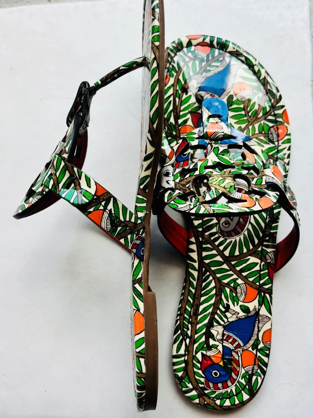 Tory Burch Multicolor Leaf & Bird Printed Leather Sandals